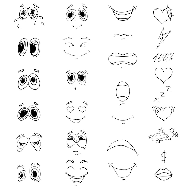 Ensemble dessiné à la main d'emoji visages mignons