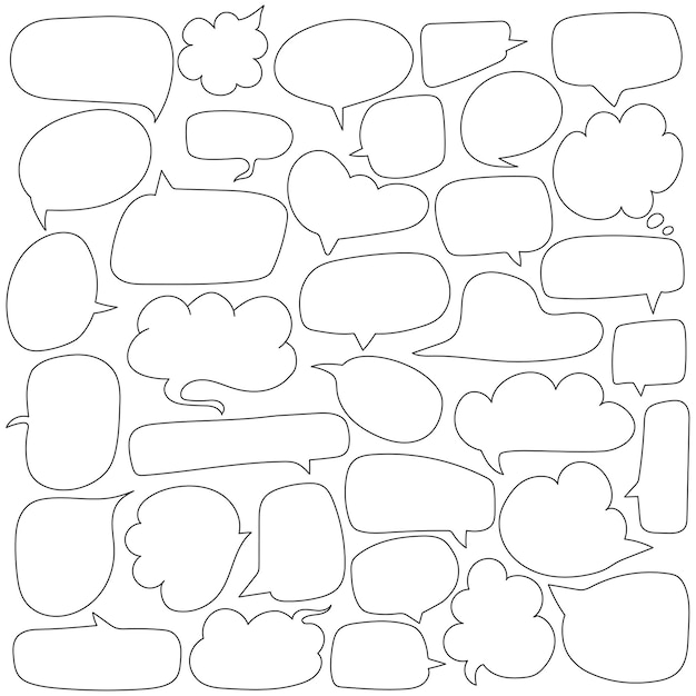Ensemble dessiné à la main de gribouillages vectoriels de ligne de parole de bulle d'éléments de croquis de nuages de conversation