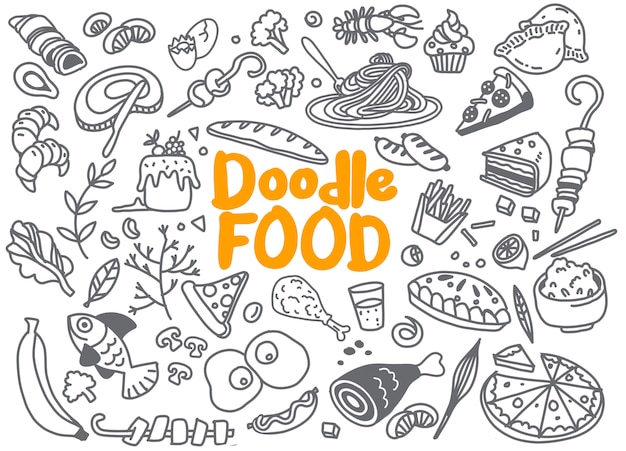 Ensemble Dessiné Main D'ingrédient Alimentaire Doodles Avec Lettrage En Vecteur