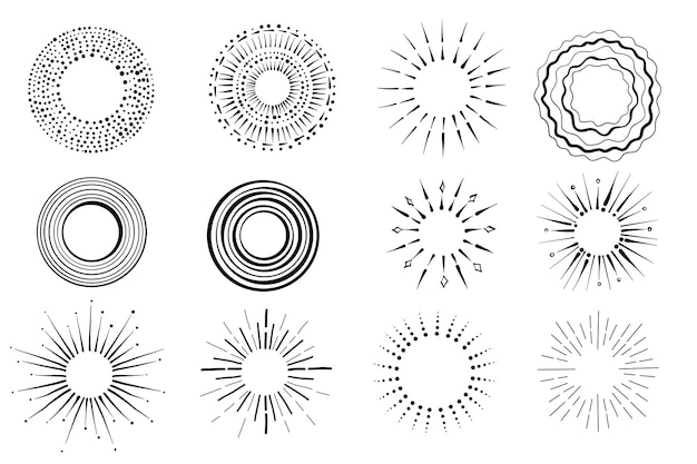 Ensemble dessiné à la main de rayon de brillance sunburst et éclat de cercle d'étoile de soleil Style de croquis Doodle