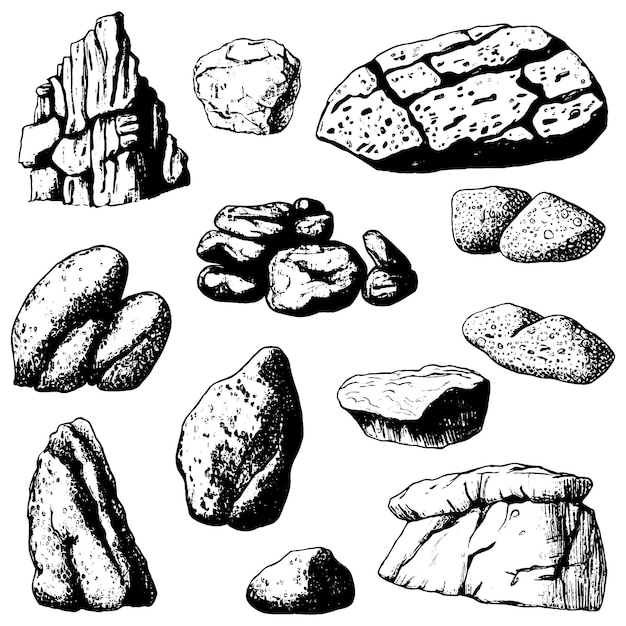 Ensemble dessiné à la main de roches et de pierres