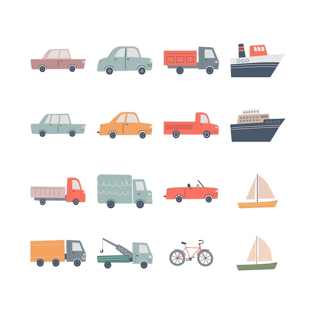 Ensemble dessiné à la main de véhicules mignons pour la conception d'enfants Illustration vectorielle de transport routier urbain