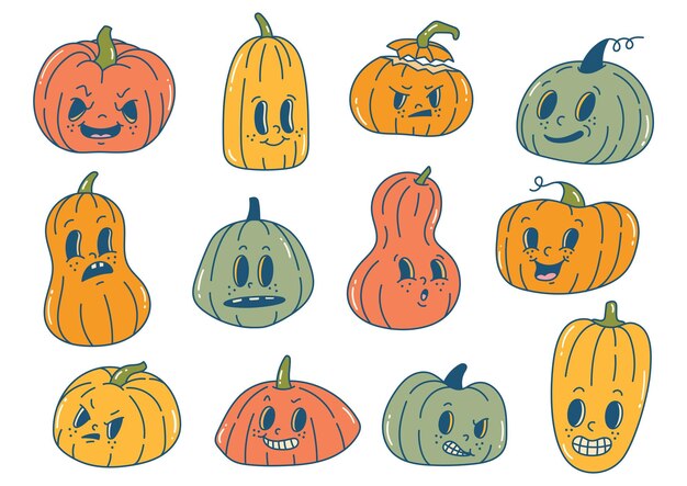Vecteur un ensemble de dessins animés de la citrouille d'halloween dans diverses expressions