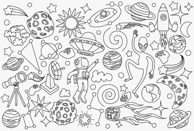 Ensemble De Dessins Animés De Doodles Dessinés à La Main D'objets Spatiaux.