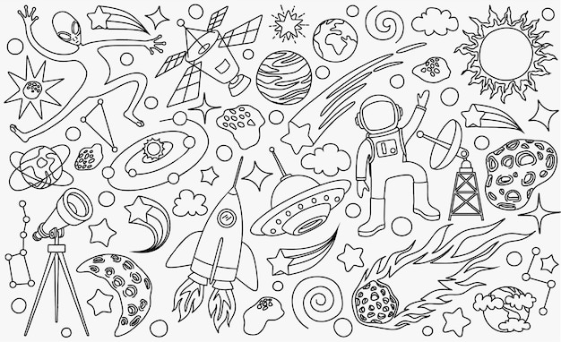 Ensemble De Dessins Animés De Doodles Dessinés à La Main D'objets Spatiaux.