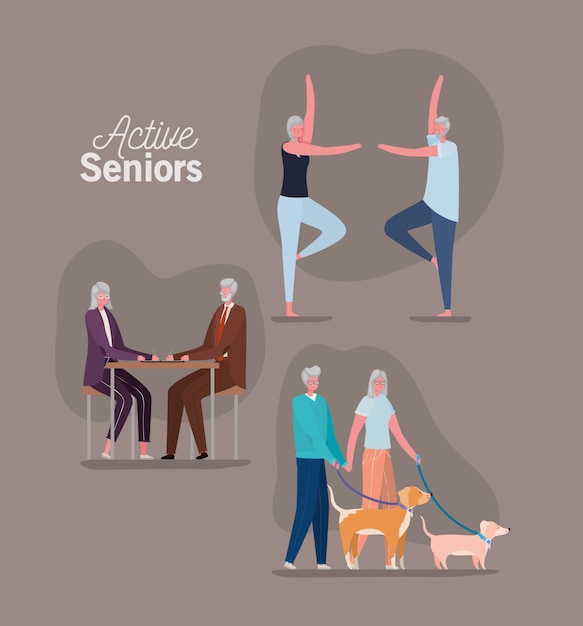 Vecteur ensemble de dessins animés femme et homme seniors actifs sur la conception de fond marron, thème de l'activité