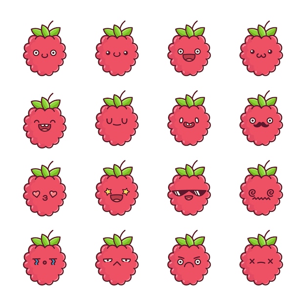 Vecteur ensemble de dessins animés de fruits framboises kawaii amusants