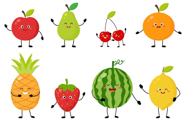 Ensemble De Dessins Animés De Joyeux Personnages De Fruits Mignons Avec Différentes Poses Et émotions.