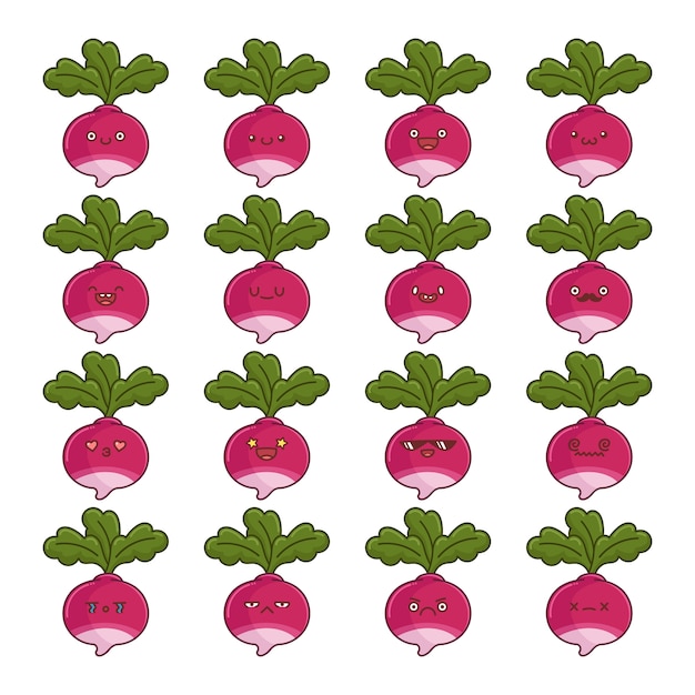 Vecteur ensemble de dessins animés de légumes navets kawaii amusants