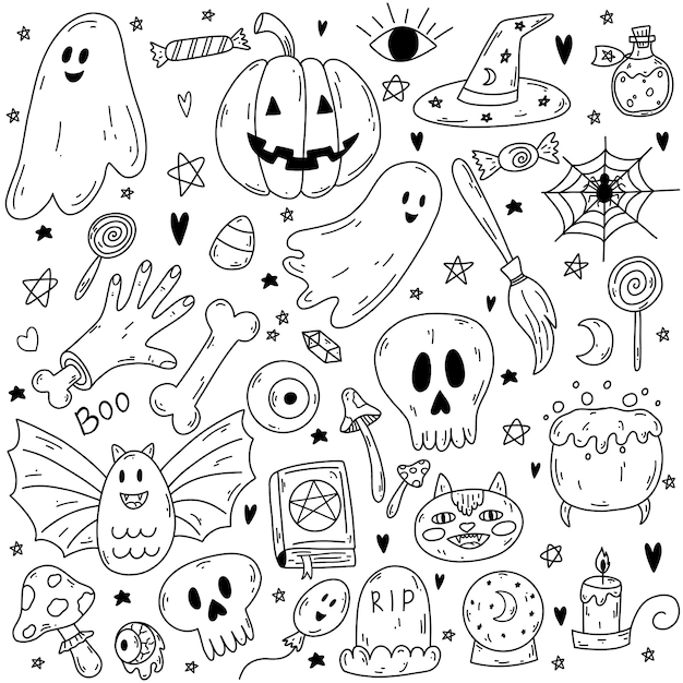 Vecteur ensemble de dessins animés vectoriels doodle dessinés à la main d'objets et de symboles d'halloween