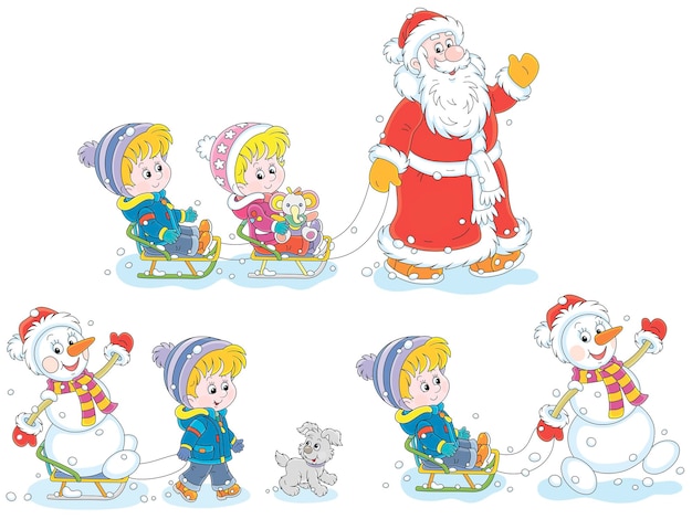 Ensemble De Dessins Animés Vectoriels De Luge Santa, Bonhomme De Neige Drôle Et Petits Enfants Heureux Avec Un Joyeux Petit Chiot