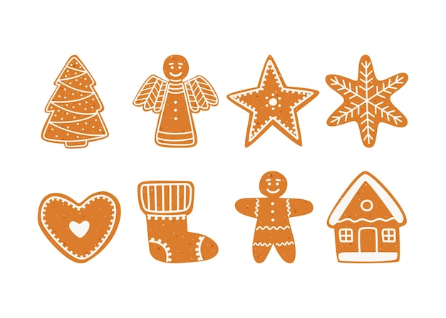 Un ensemble de dessins animés vectoriels plats de biscuits de pain d'épice de Noël de différentes formes.