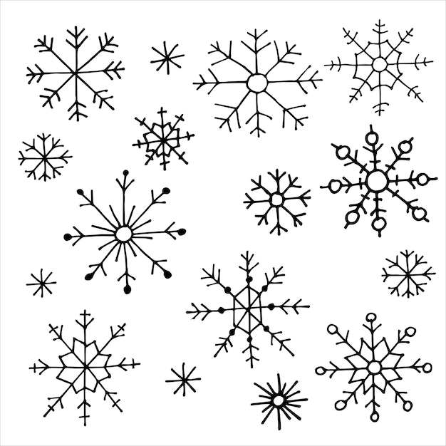 ensemble de dessins au trait simples de flocons de neige dans un style doodle