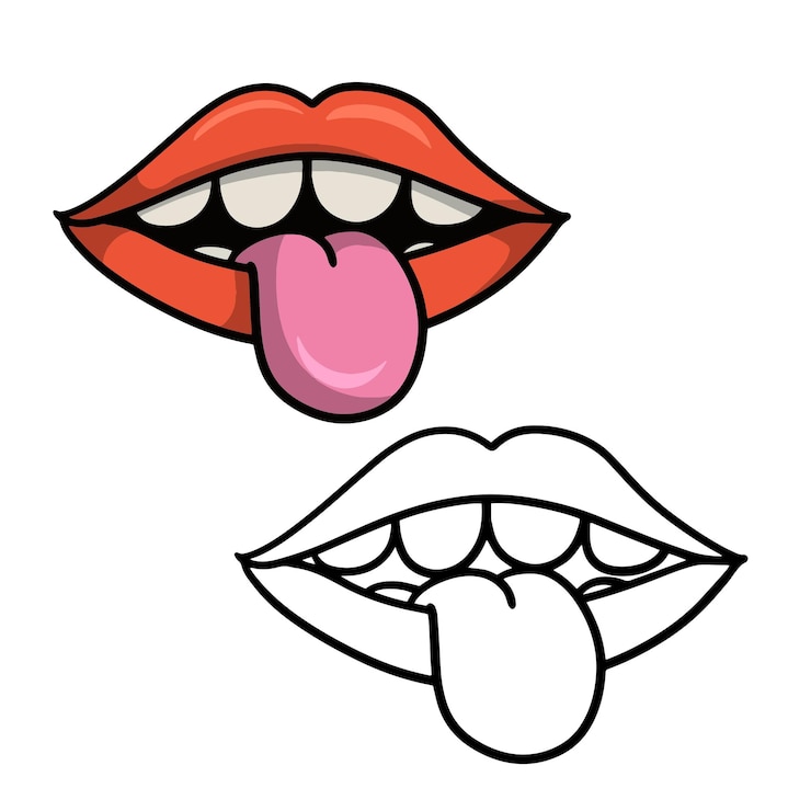 Vecteur un ensemble de dessins de couleur et de croquis lèvres roses vives avec des dents blanches et un vecteur de dessin animé de langue