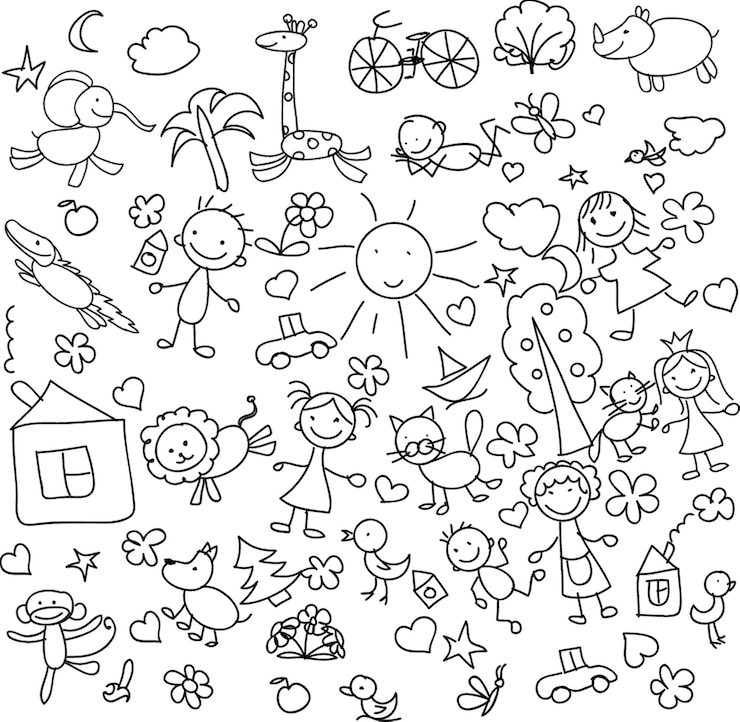 Vecteur un ensemble de dessins d'enfants kid doodle soleil dans les nuages été fleurs et arbres maisons peintes chat mignon et autres éléments noirs et blancs illustration vectorielle sur fond blanc
