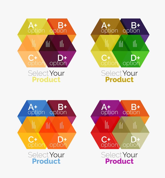 Ensemble de dessins d'hexagones géométriques abstraits avec des options et du texte