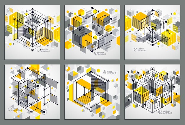 Ensemble de dessins jaunes vectoriels de technologie géométrique, papier peint technique 3D. Illustration du système d'ingénierie, arrière-plan technologique abstrait. Contexte technique abstrait.