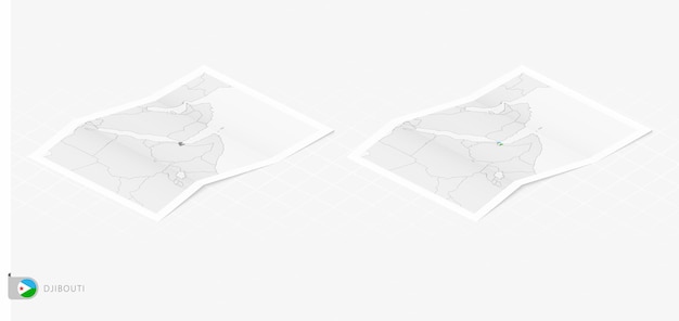 Vecteur ensemble de deux cartes réalistes de djibouti avec ombre le drapeau et la carte de djibouti en style isométrique
