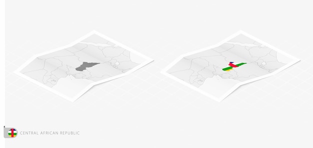 Ensemble De Deux Cartes Réalistes De La République Centrafricaine Avec Ombre Le Drapeau Et La Carte De La République Centrafricaine En Style Isométrique