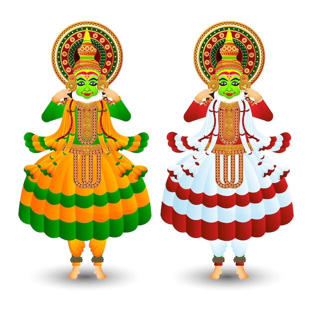 Ensemble De Deux Couleurs Différentes De Danseuse Kathakali Pour Le Festival Indien Onam.