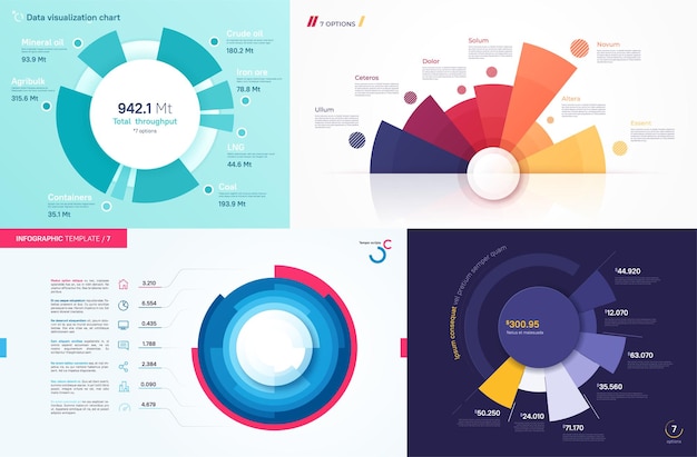 Vecteur un ensemble de diagrammes circulaires vectoriels conçoit des modèles modernes pour la création d'infographies, de présentations et de rapports.