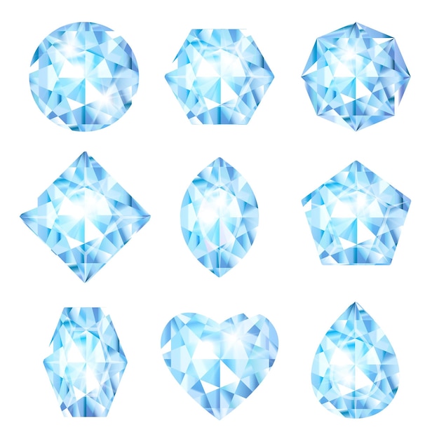 Ensemble de diamants 3d vectoriels réalistes Bijoux brillants Pierres de verre brillantes Pierres précieuses ou cristaux