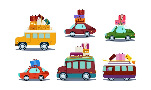 Ensemble de différentes automobiles colorées avec bagages sur le toit Bus van et voiture Thème de voyage sur la route Icônes de style dessin animé Éléments graphiques pour affiche ou jeu mobile Conception vectorielle plate isolée sur blanc
