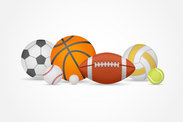Ensemble de différentes balles de sport en tas. Équipement pour le football, le basket-ball, le baseball, le volley-ball, le tennis et le golf.
