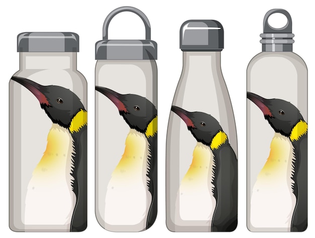 Ensemble De Différentes Bouteilles Thermos Avec Motif Pingouin