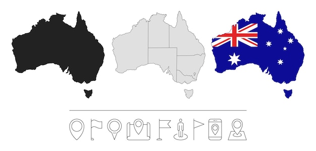 Ensemble de différentes cartes d'Australie avec drapeau national Icônes de ligne de navigation Illustration vectorielle