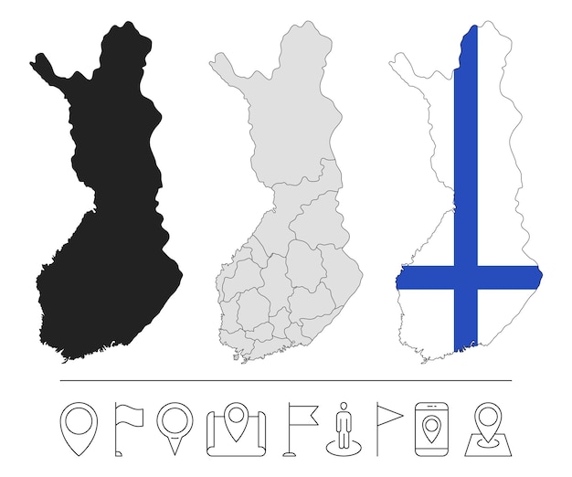 Ensemble de différentes cartes de Finlande avec drapeau national. Icônes de la ligne de navigation. Illustration vectorielle.