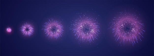 Ensemble de différentes étapes d'une explosion de feu d'artifice sur un fond violet foncé