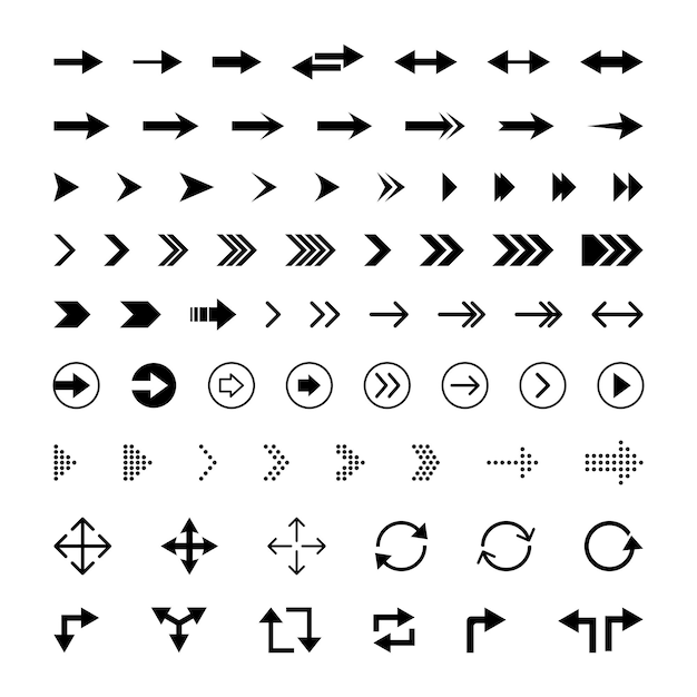 Ensemble de différentes flèches icônes noires symboles signes sur fond blanc