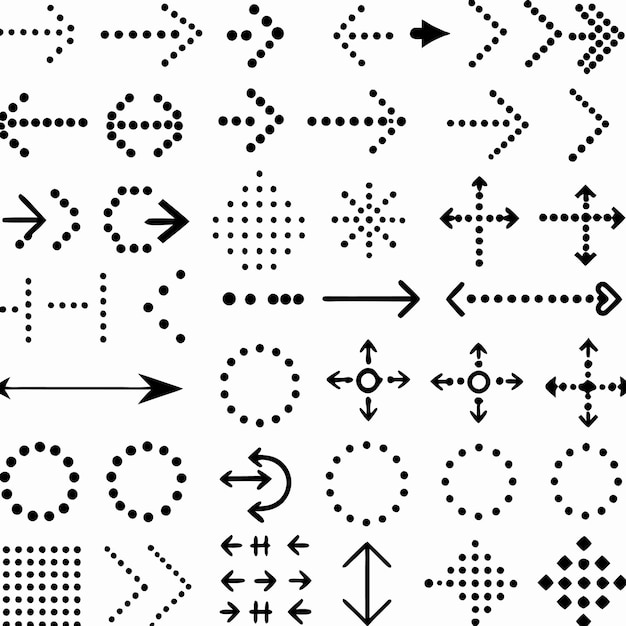 Ensemble de différentes formes et directions de flèches à points noirs sur un fond blanc