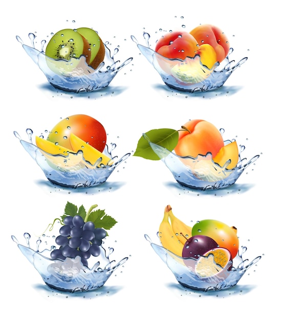Vecteur ensemble de différentes projections d'eau avec des fruits et des baies pêche kiwi abricot fruit de la passion mangue raisin banane