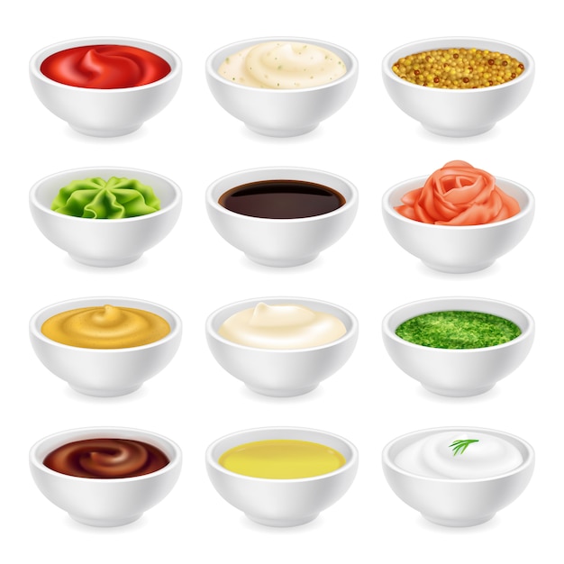 Vecteur ensemble de différentes sauces dans des bols