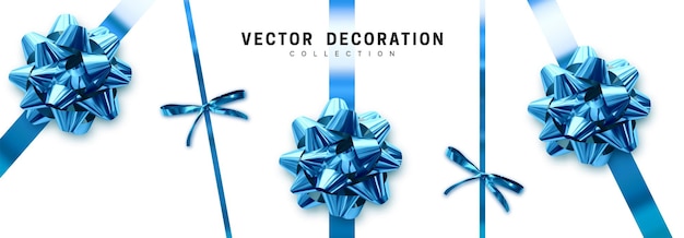 Vecteur ensemble de différents arcs bleus en tissu et feuille. éléments décoratifs 3d réalistes pour la conception. collection les arcs festifs du ruban conviennent aux cadeaux, aux surprises. illustration vectorielle