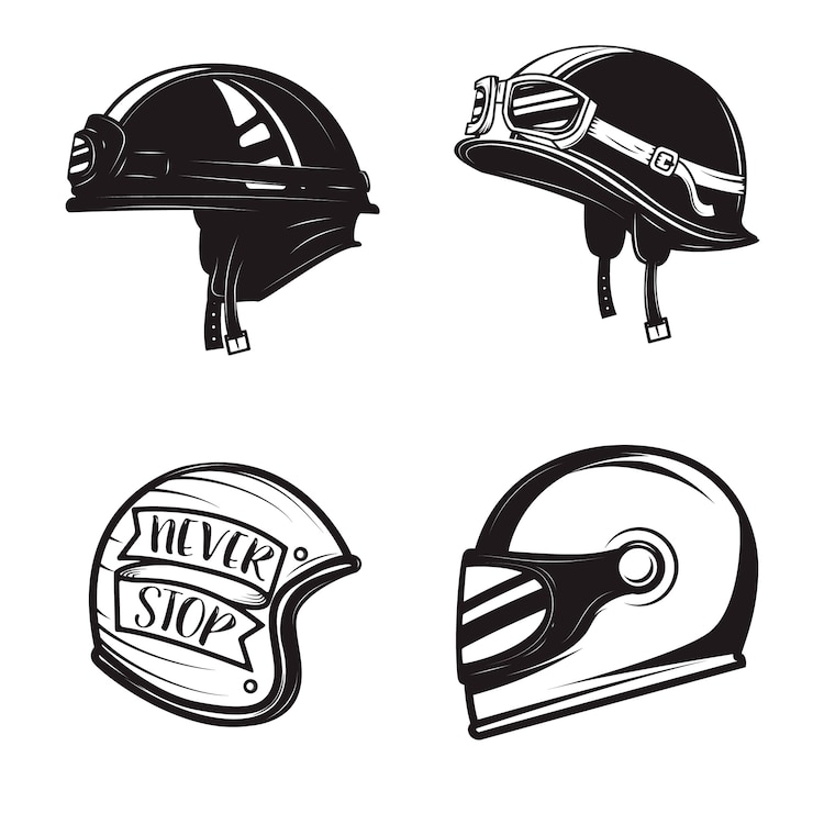 Vecteur ensemble de différents casques de motard sur fond blanc.