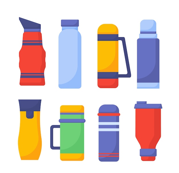 Vecteur ensemble de différents concepts de thermos contenants colorés pour l'eau et l'équipement de café ou de thé pour