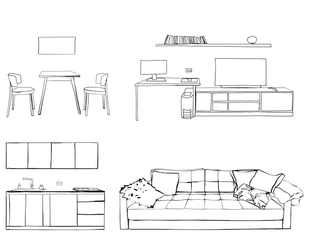 Ensemble de différents croquis dessinés à la main intérieur cuisine salon chambre lieu de travail
