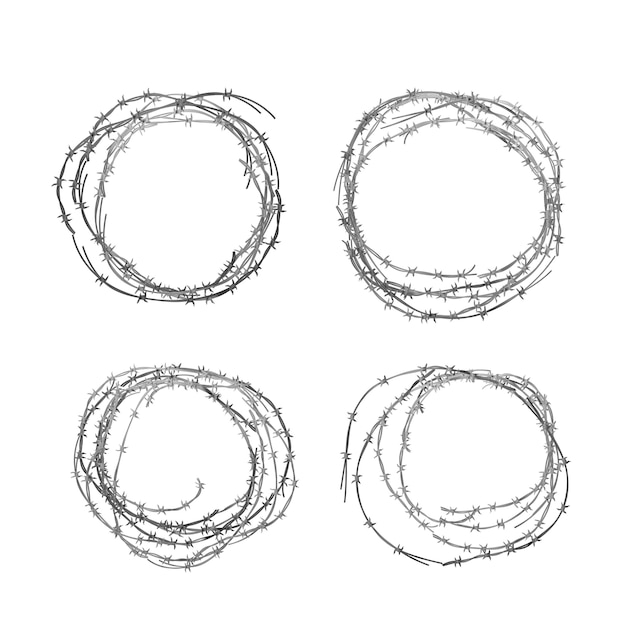 Ensemble De Différents écheveaux Réalistes De Fil De Fer Barbelé Brillant En Métal Sur Blanc