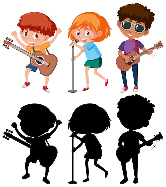 Vecteur ensemble de différents enfants jouant des instruments de musique avec silhouette