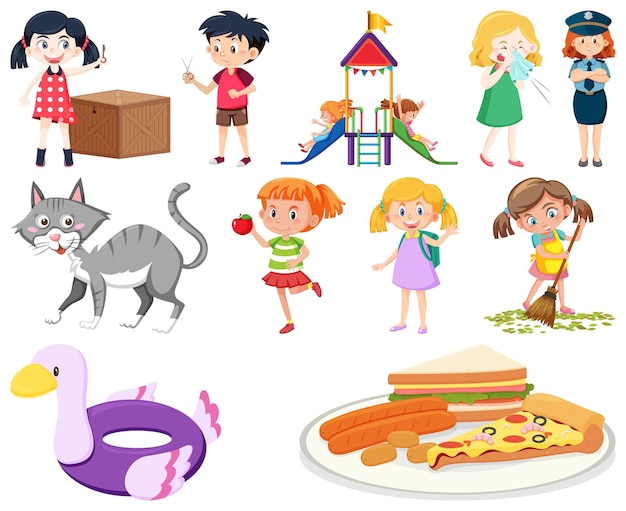 Ensemble de différents enfants et objets mignons
