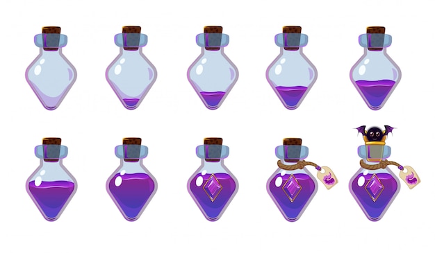 Ensemble De Différents états De Bouteille Avec élixir Violet Et Chauve-souris Mignonne.