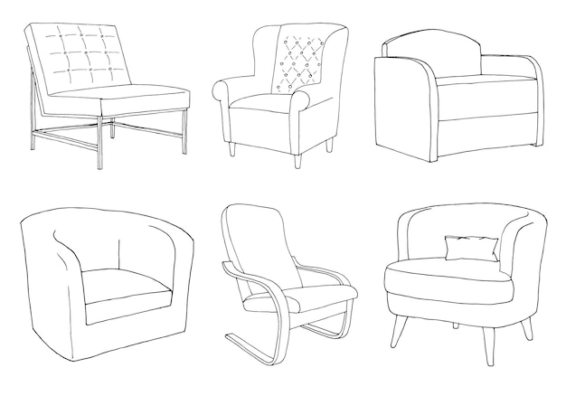 Vecteur ensemble de différents fauteuils moelleux esquisse linéaire vector illustrat