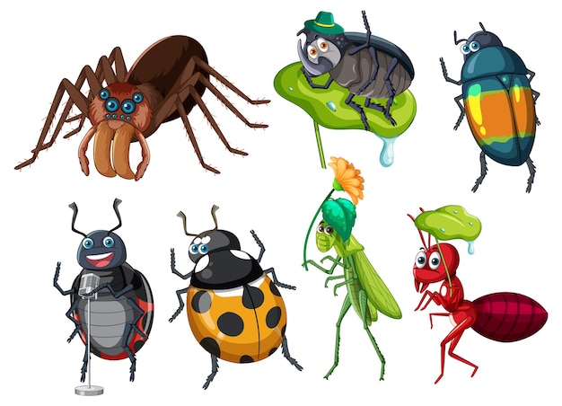 Ensemble De Différents Insectes Et Coléoptères En Style Cartoon