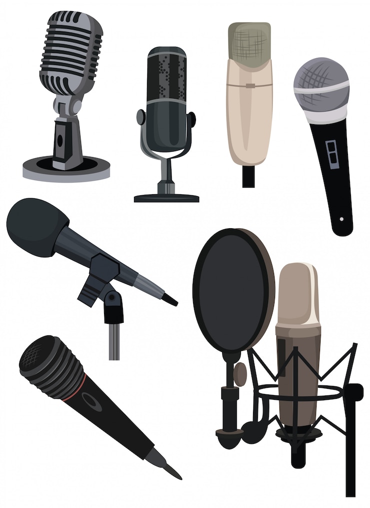 Vecteur ensemble de différents microphones. collection d'appareils pour podcast audio, diffusion ou enregistrement musical.
