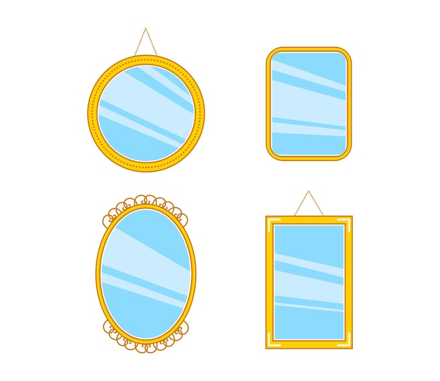 Vecteur ensemble de différents miroirs de dessin animé brillants d'or avec réflexion dans un style minimaliste