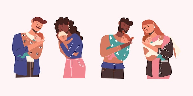 ensemble de différents parents avec enfants. maman avec un bébé. papa avec bébé