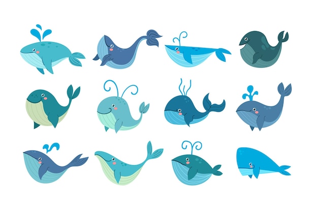 Ensemble de différents personnages de baleines de dessins animés